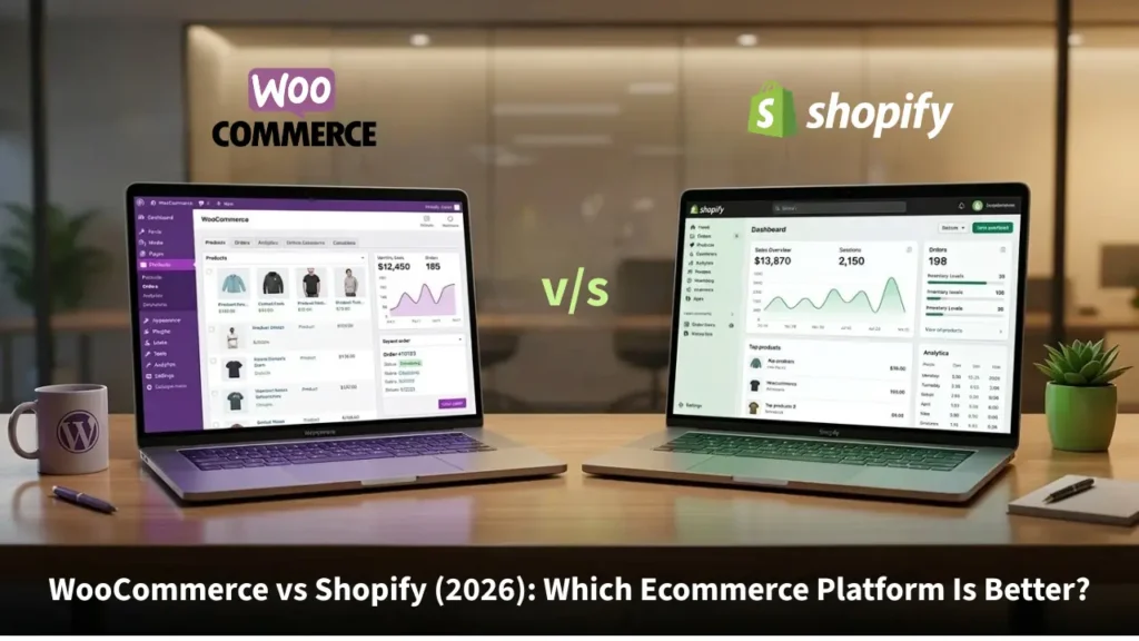 Two laptops on a desk comparing the WooCommerce and Shopify dashboards for an e-commerce platform comparison.