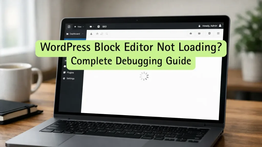 Laptop screen showing a WordPress loading error with the text "WordPress Block Editor Not Loading? Complete Debugging Guide."