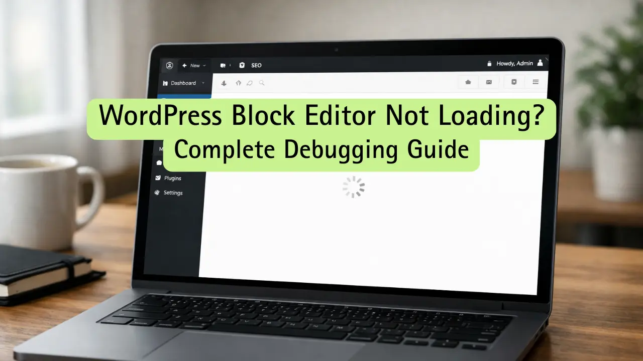 Laptop screen showing a WordPress loading error with the text "WordPress Block Editor Not Loading? Complete Debugging Guide."
