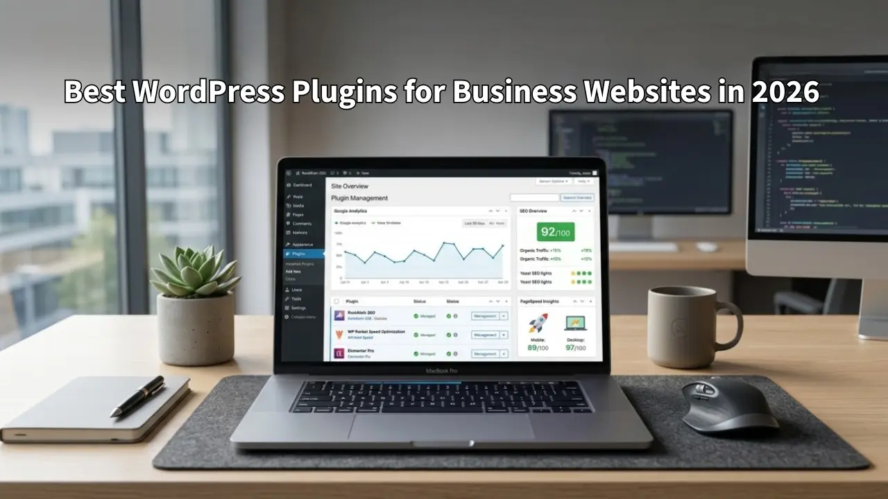 A laptop displaying a WordPress dashboard on a wooden desk with office accessories and the text "Best WordPress Plugins for Business Websites in 2026."