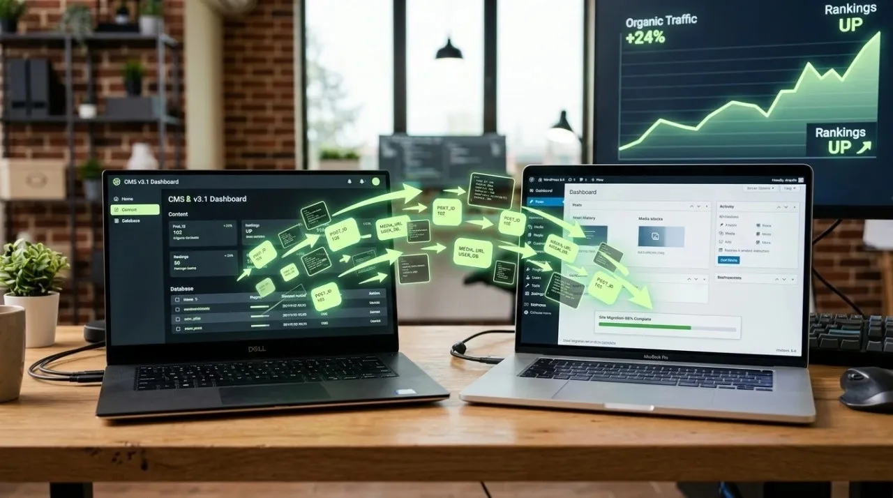 Two laptops on a wooden desk showing data and files migrating from one screen to the other via glowing green arrows, with a monitor in the background displaying growth charts.