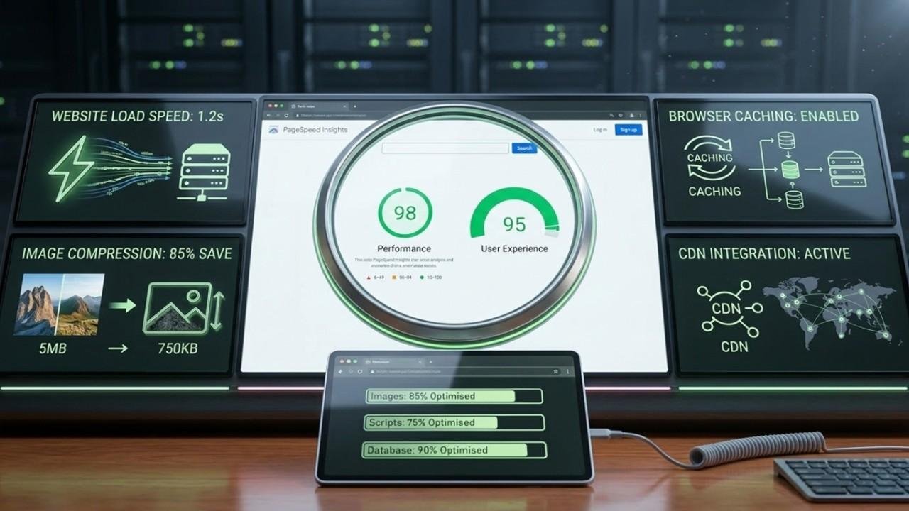 A digital dashboard displaying website performance metrics like a 98/100 speed score, image compression stats, and CDN integration, used as a featured image for a WordPress speed optimization guide.