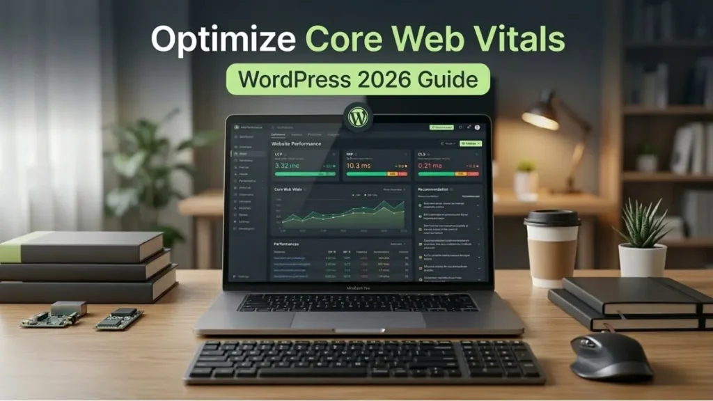 Modern workspace with a laptop displaying a WordPress Core Web Vitals dashboard and "WordPress 2026 Guide" overlay text.