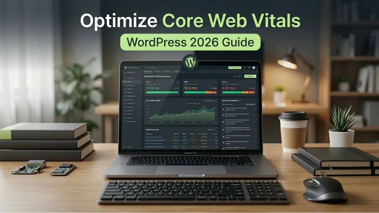 Modern workspace with a laptop displaying a WordPress Core Web Vitals dashboard and "WordPress 2026 Guide" overlay text.
