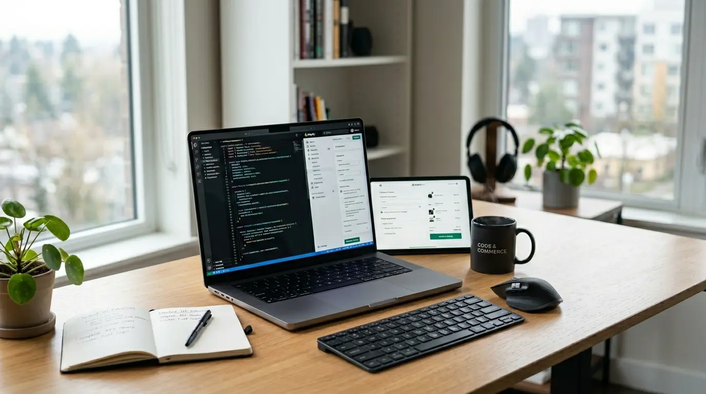 A modern home office setup on a wooden desk featuring a laptop displaying code, a tablet, a slim keyboard, and a wireless mouse. The desk also holds a black mug, an open notebook, and potted plants in front of a window.