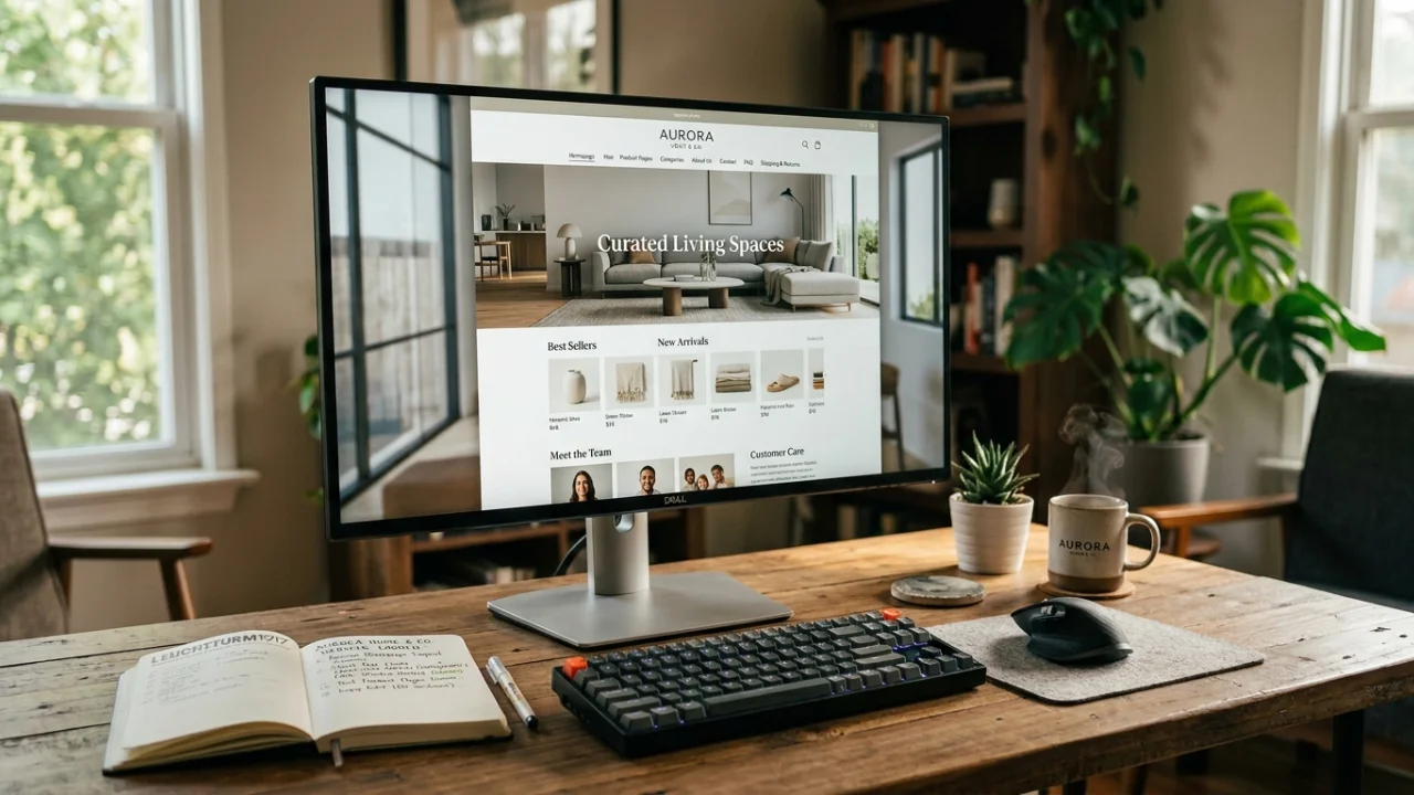 A modern home office setup featuring a large computer monitor displaying an interior design website on a wooden desk with a mechanical keyboard, mouse, notebook, and a steaming mug of coffee.