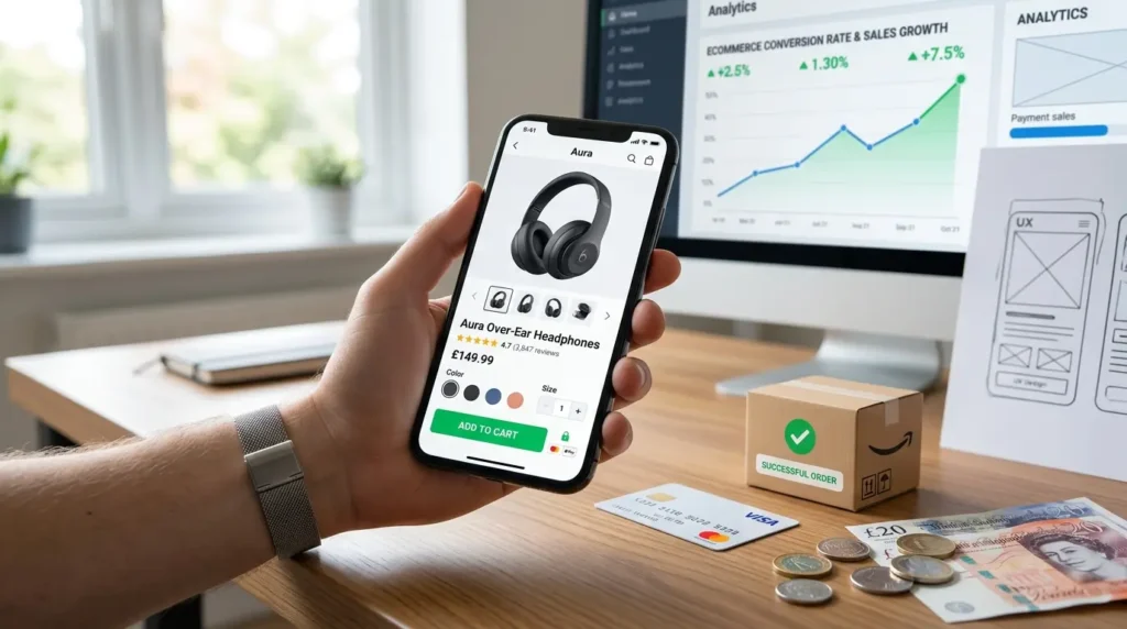 A person holding a smartphone displaying an e-commerce page for "Aura Over-Ear Headphones" on a desk with a computer monitor showing analytics, a small delivery box, and currency.