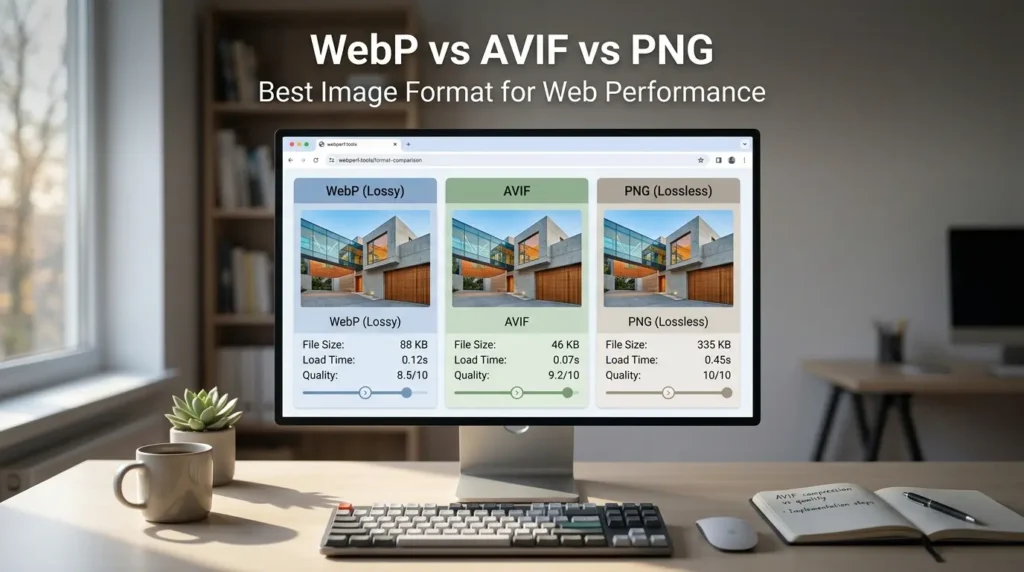 A computer monitor on a desk displays a comparison table of WebP, AVIF, and PNG image formats, showing their file sizes, load times, and quality scores.