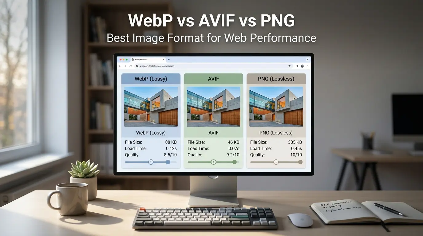 A computer monitor on a desk displays a comparison table of WebP, AVIF, and PNG image formats, showing their file sizes, load times, and quality scores.